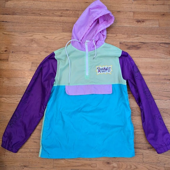 Nickelodeon Unisex Multicolor Rugrats Reptar 1/4 Zip Hooded Windbreaker Size XL - Picture 1 of 5